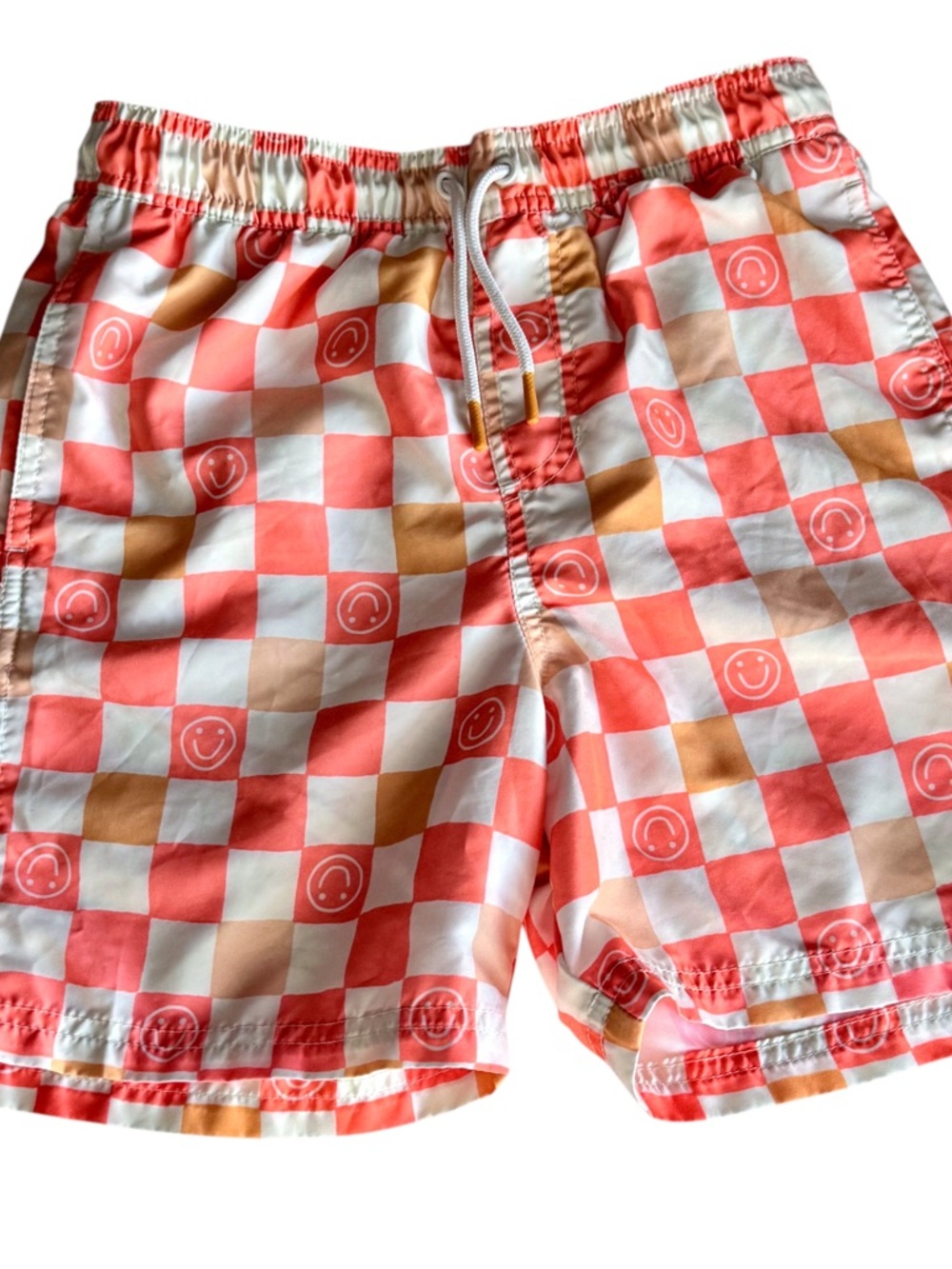 Cat & Jack Boys Orange and White Checkered Swim Shorts with Smile Icons